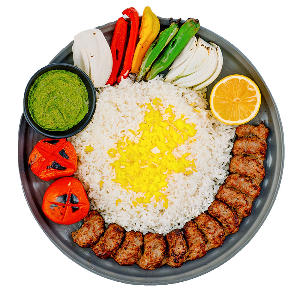 Chelo Kabab Koobideh with saffron rice and grilled vegetables