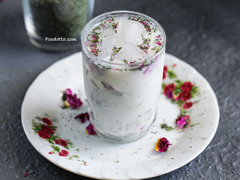 Sparkling Doogh with dried mint and rose petals